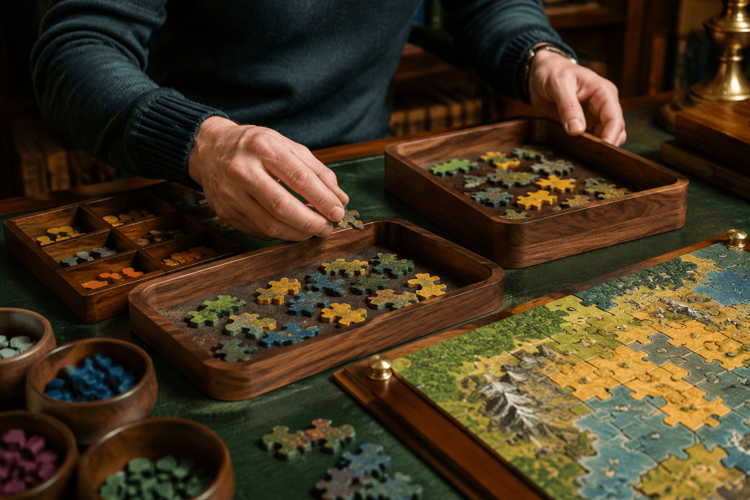 Arranging trays on a green table