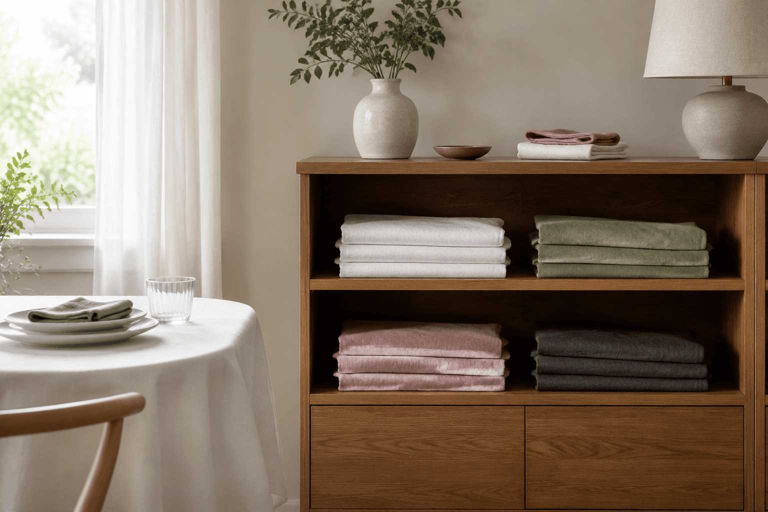 A tidy home dining corner with stored table linens