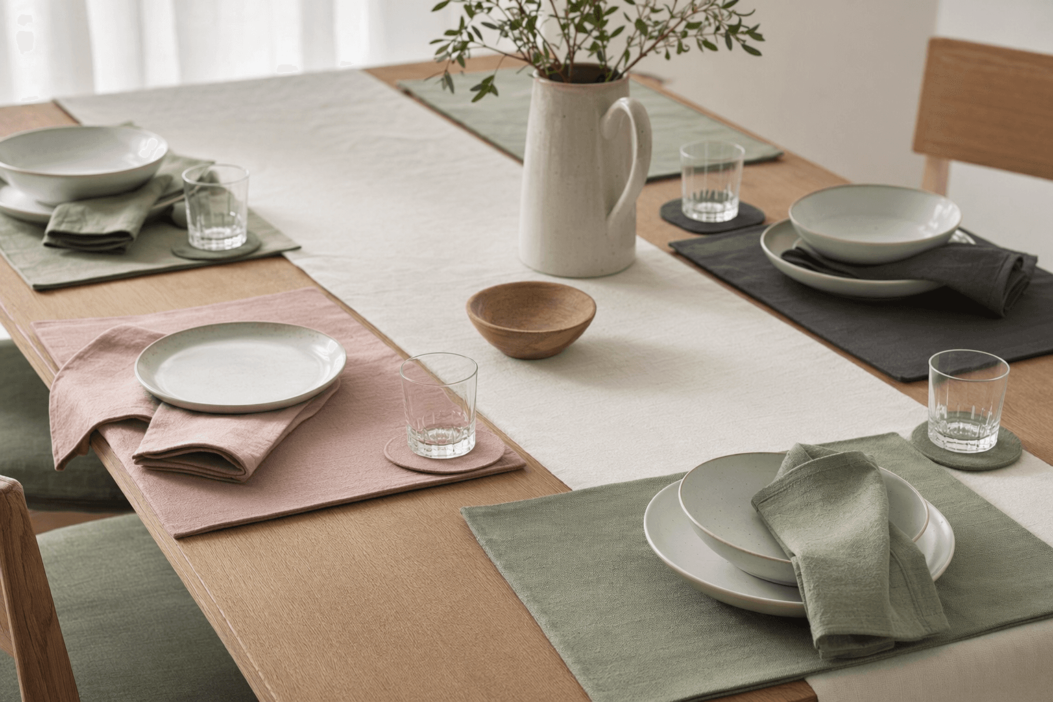 An everyday table laid with plain placemats, napkins and a runner